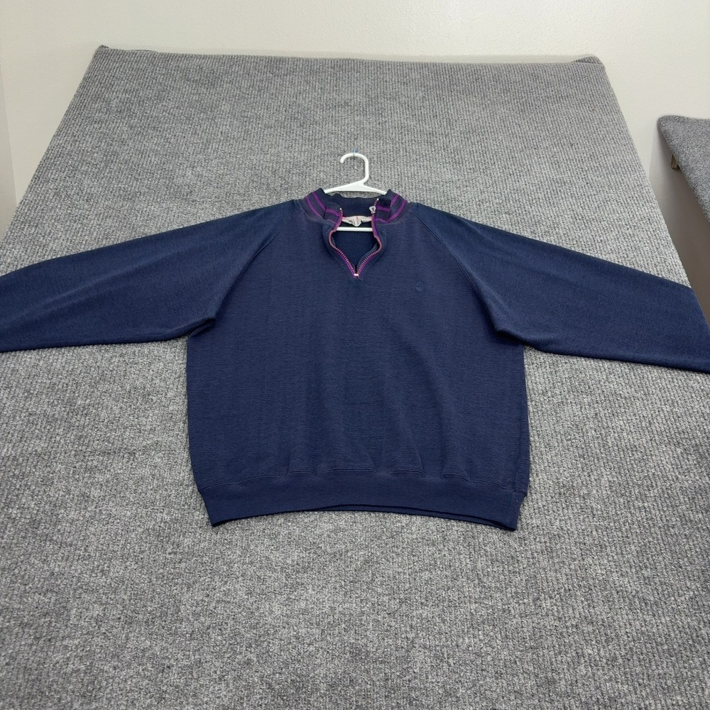 Vintage Bill Blass Sweatshirt Men L Navy Poly Cotton Quarter Zip Mock Neck Retro